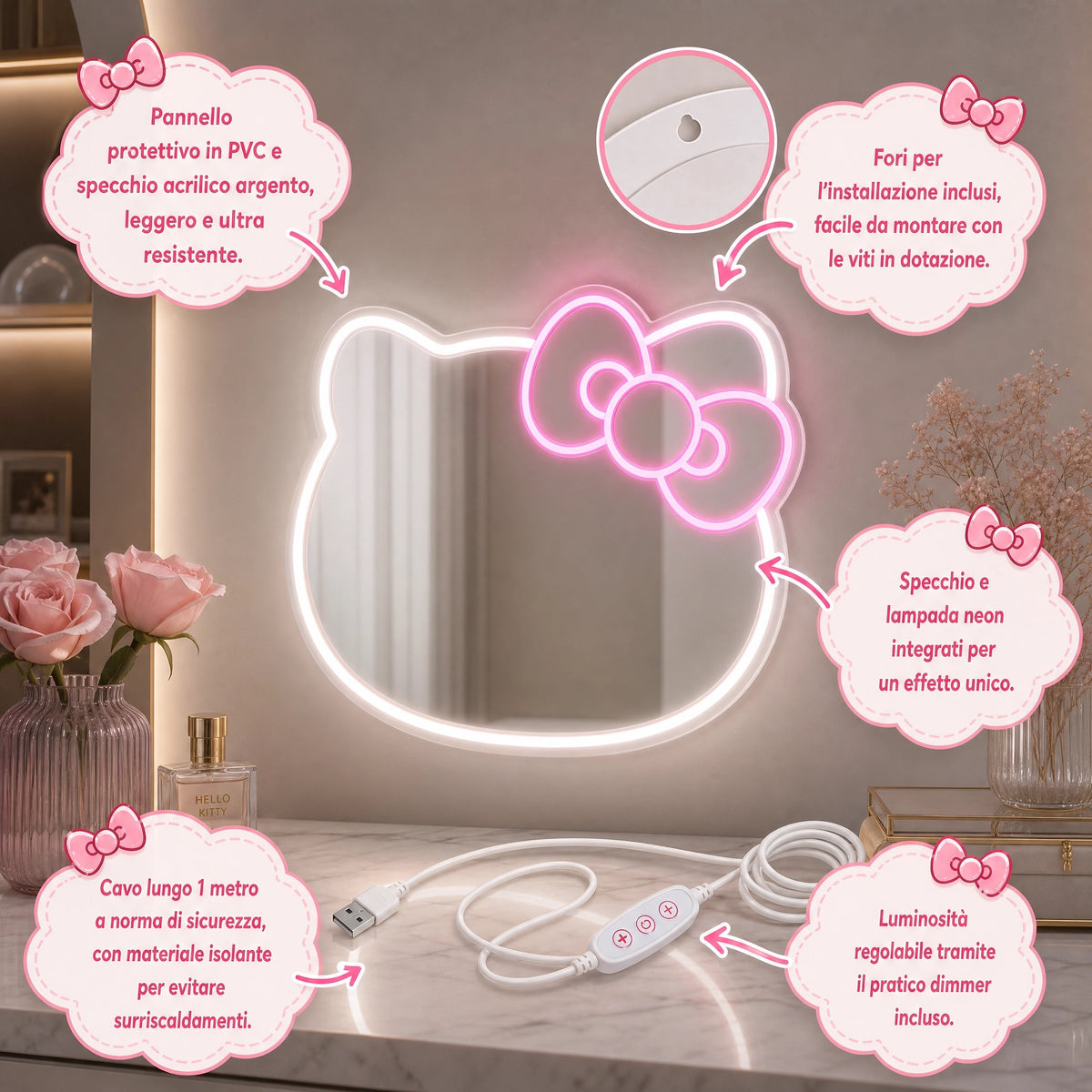 Specchio Neon LED Hello Kitty