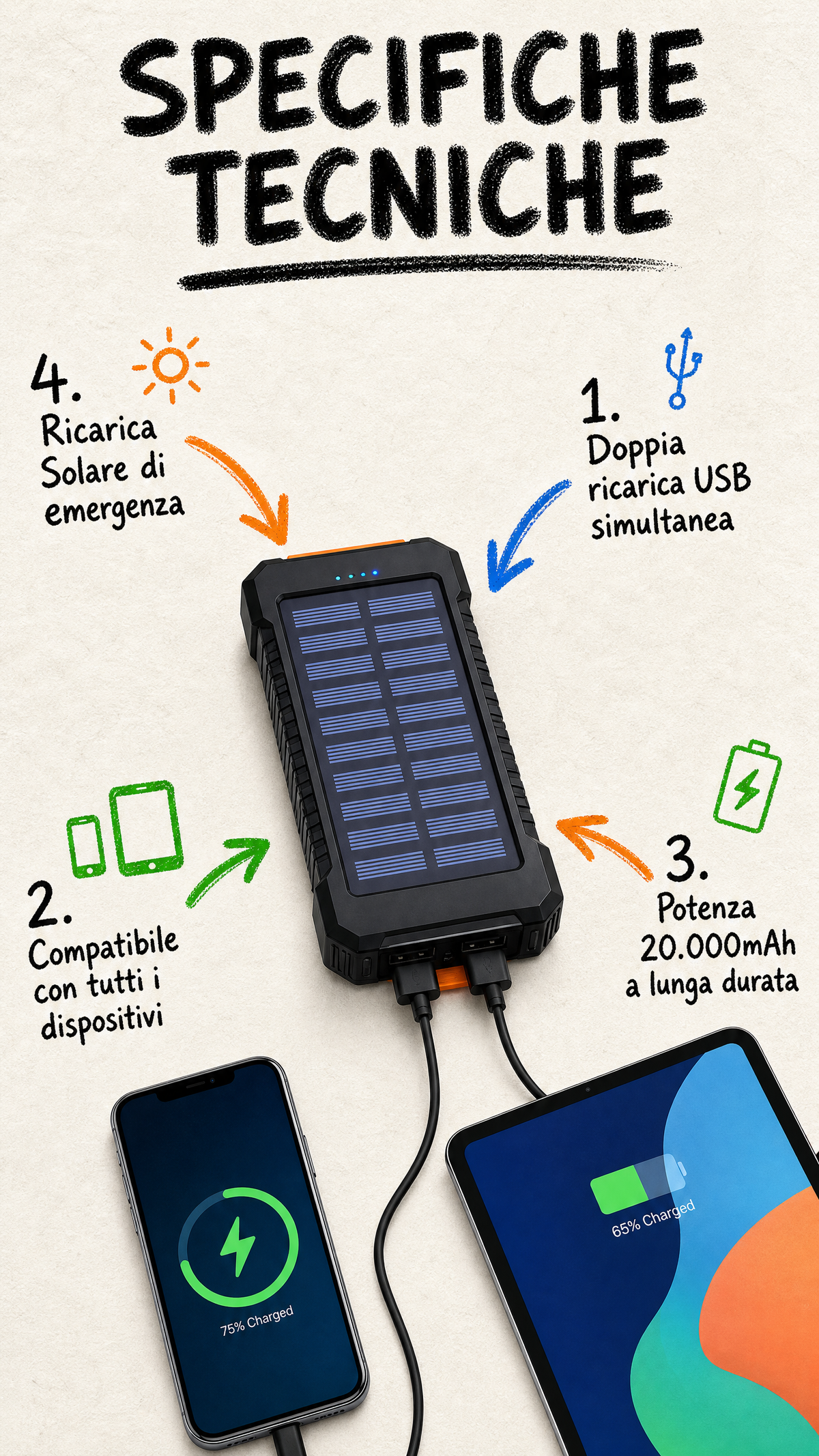 Power Bank Solare 20000mAh Impermeabile