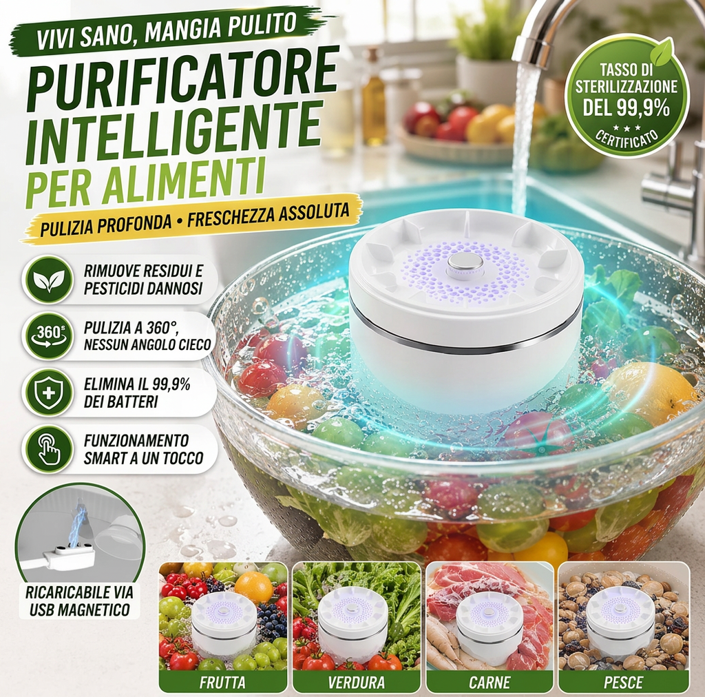 Purificatore di Frutta e Verdura a Ultrasuoni - Dispositivo Ionico Portatile IPX7 per Lavaggio Alimenti