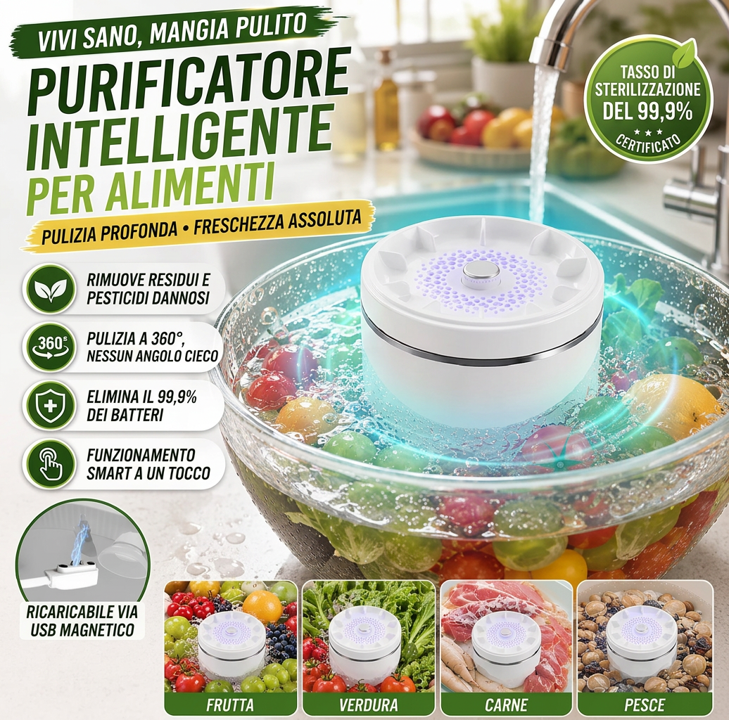 Purificatore di Frutta e Verdura a Ultrasuoni - Dispositivo Ionico Portatile IPX7 per Lavaggio Alimenti