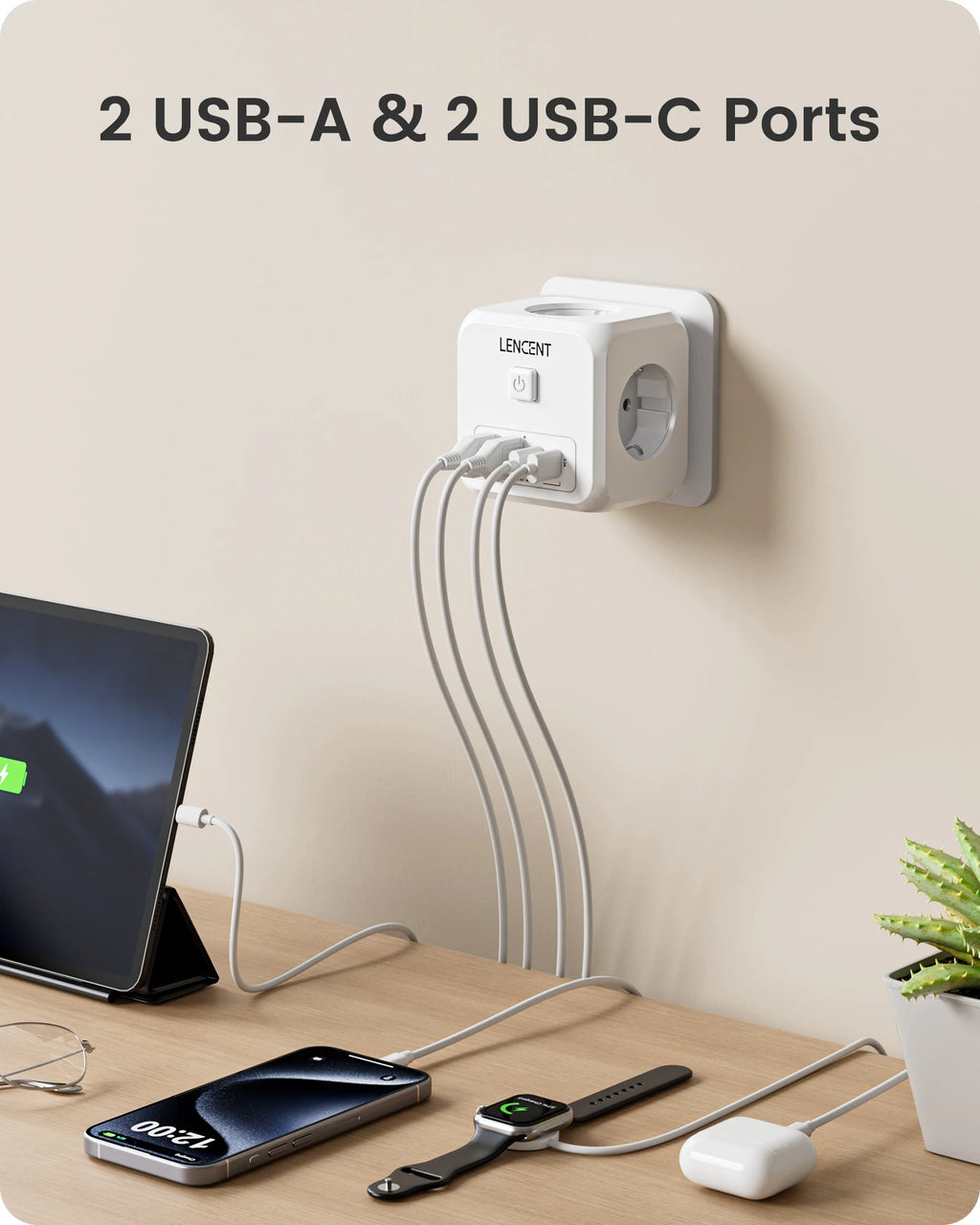 Presa Multipla da Muro 7 in 1 a Cubo - Adattatore Presa Schuko con 3 AC, 2 USB-A, 2 USB-C e Interruttore LENCENT