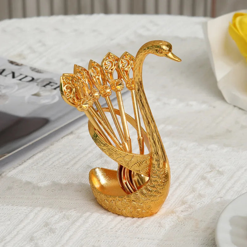 Set di Posate Luxury Cigno Dorato – Supporto con 6 Forchettine e Cucchiai