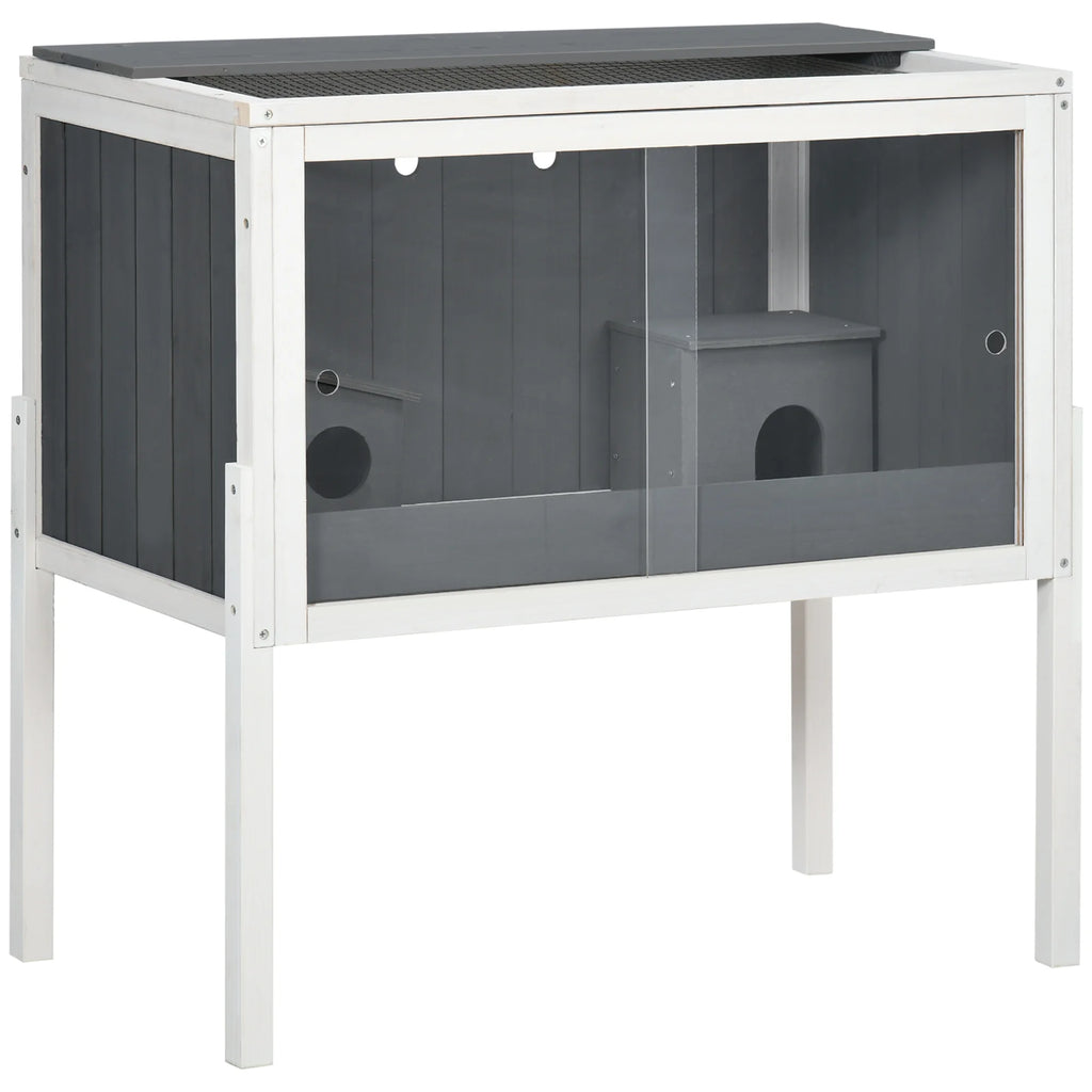 PawHut Gabbia per Criceti in Legno 82×45×81 cm - Habitat per Piccoli Animali con 2 Porte in Acrilico Grigio