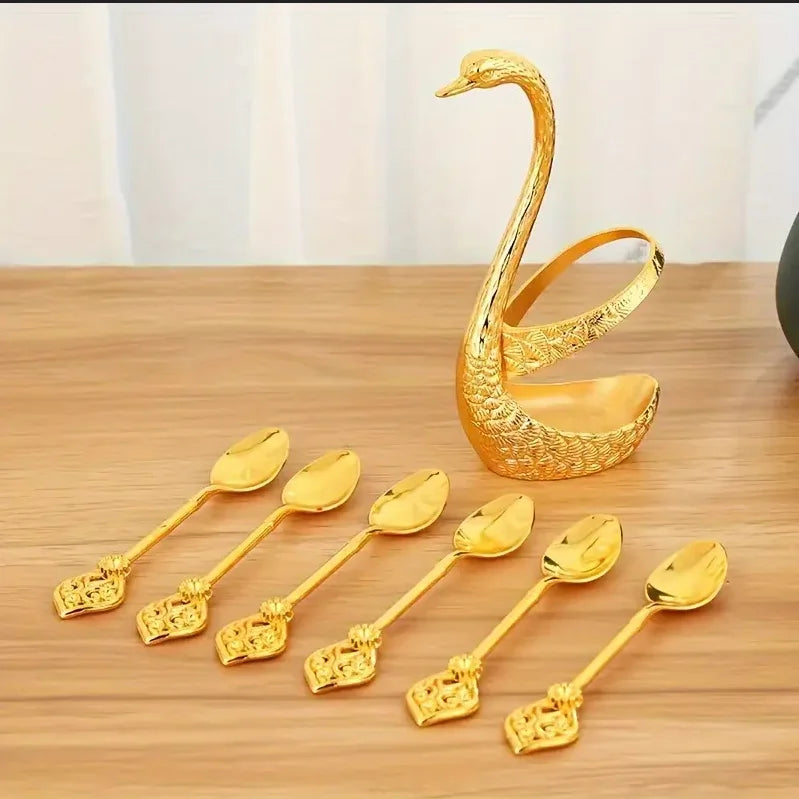 Set di Posate Luxury Cigno Dorato – Supporto con 6 Forchettine e Cucchiai