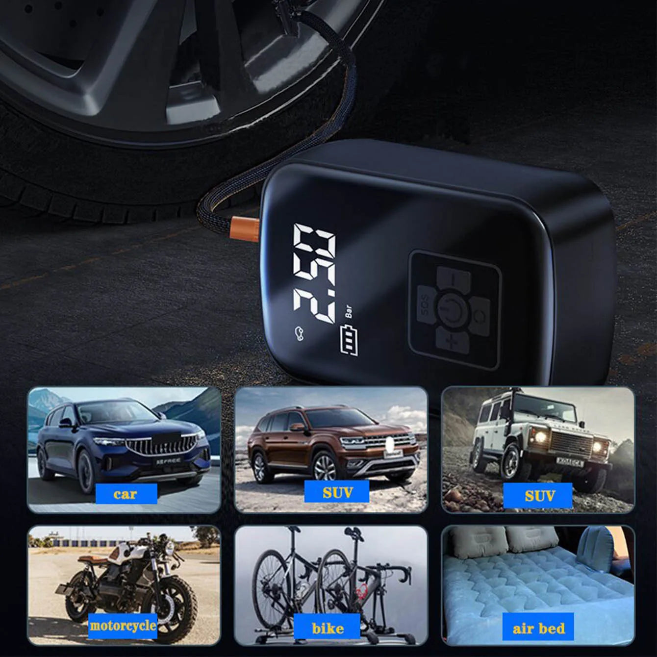 Mini Compressore Portatile per Auto – Gonfiatore Elettrico 12V 150PSI per Moto, Bici e Palloni