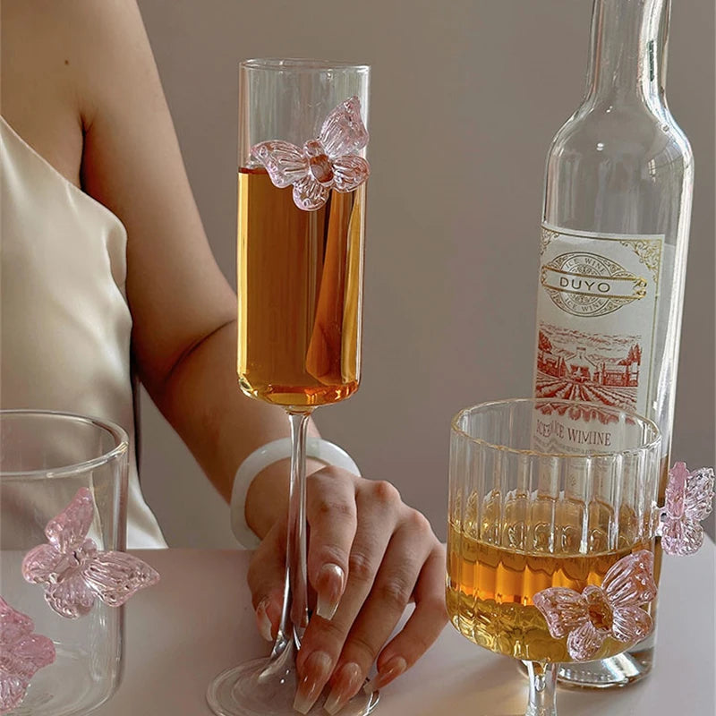 Calice in Vetro Coquette con Farfalla e Fiocco Rosa