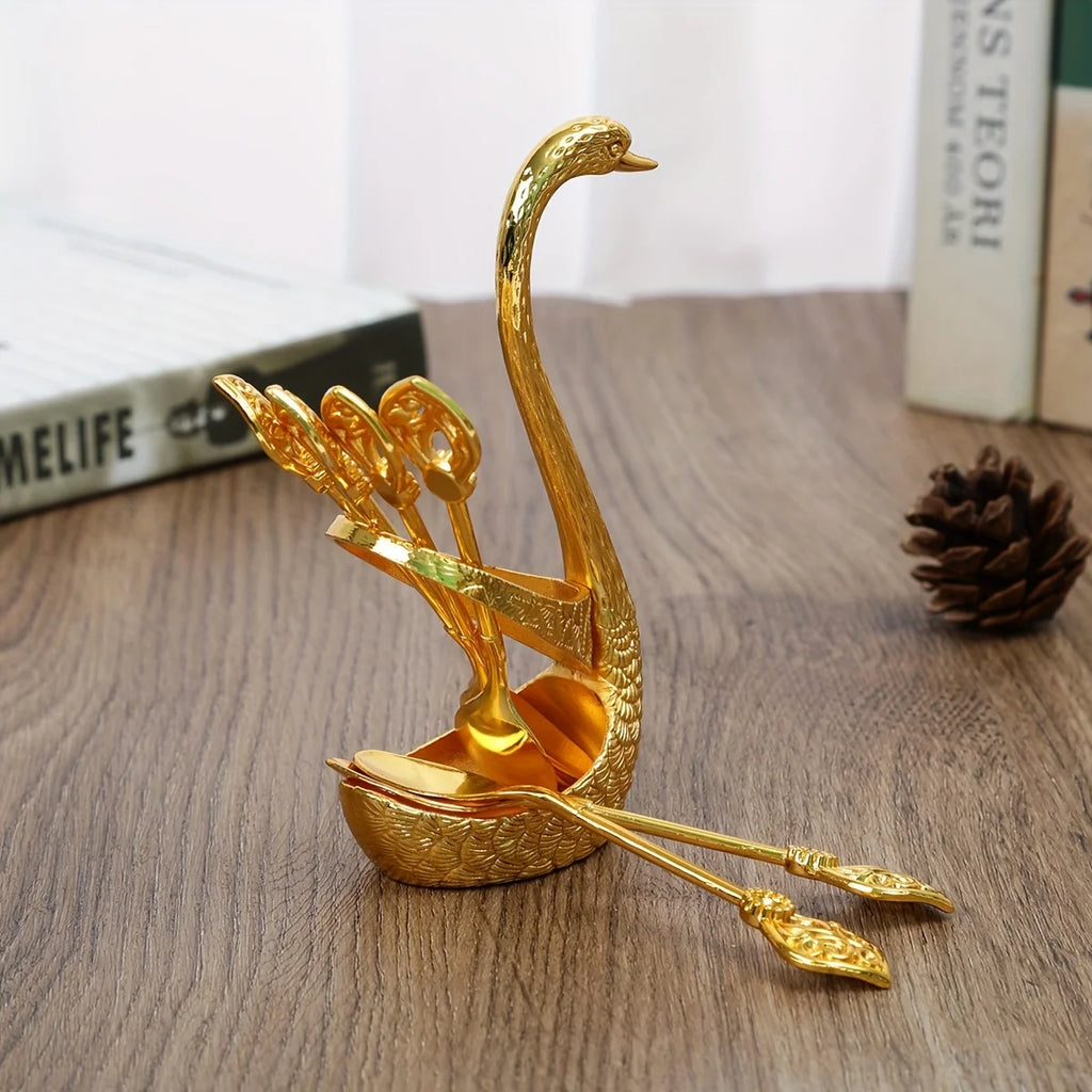 Set di Posate Luxury Cigno Dorato – Supporto con 6 Forchettine e Cucchiai