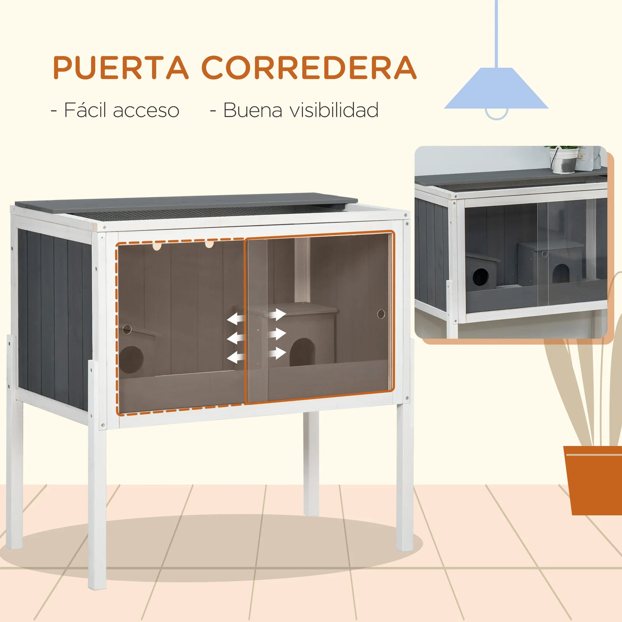 PawHut Gabbia per Criceti in Legno 82×45×81 cm - Habitat per Piccoli Animali con 2 Porte in Acrilico Grigio