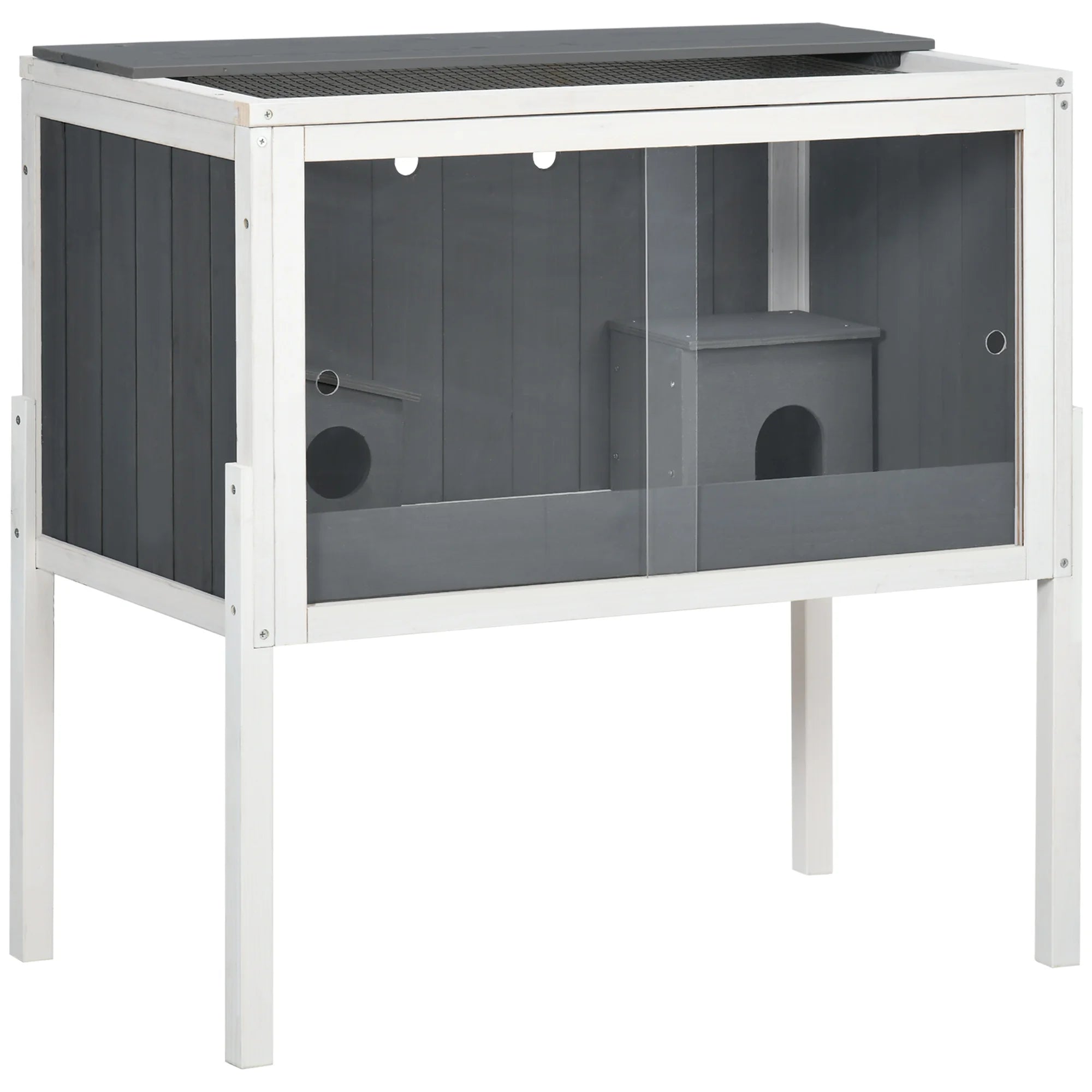 PawHut Gabbia per Criceti in Legno 82×45×81 cm - Habitat per Piccoli Animali con 2 Porte in Acrilico Grigio