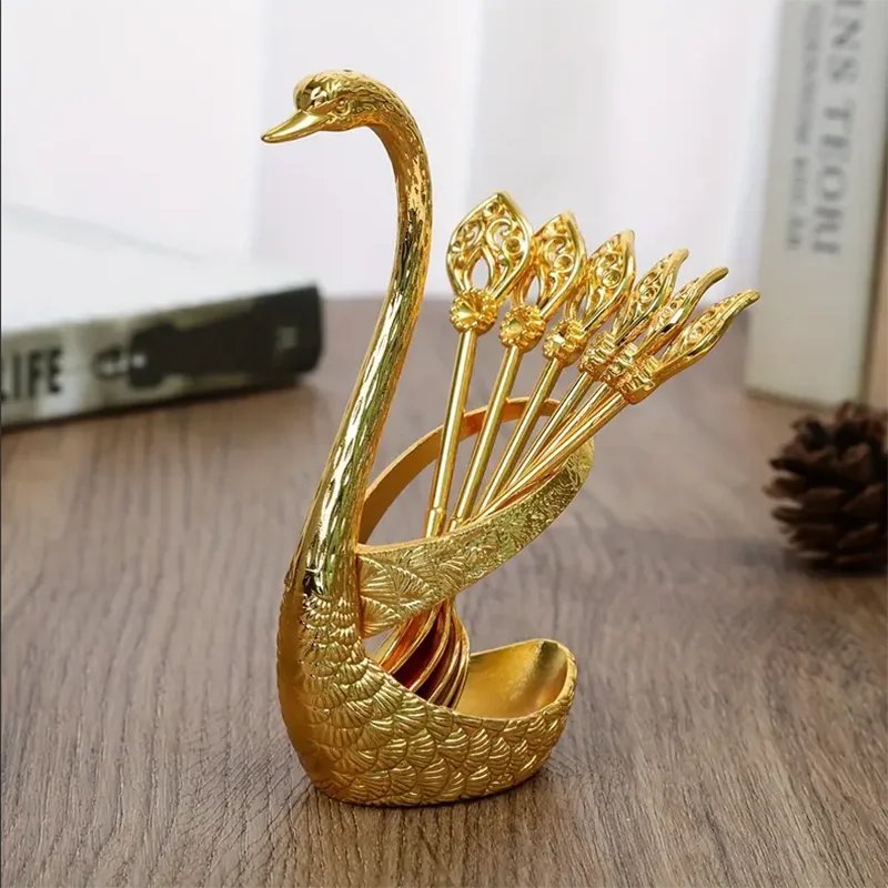 Set di Posate Luxury Cigno Dorato – Supporto con 6 Forchettine e Cucchiai