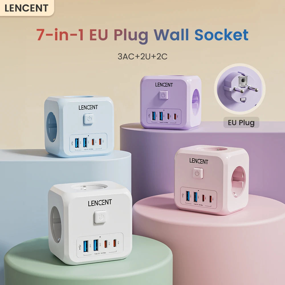 Presa Multipla da Muro 7 in 1 a Cubo - Adattatore Presa Schuko con 3 AC, 2 USB-A, 2 USB-C e Interruttore LENCENT